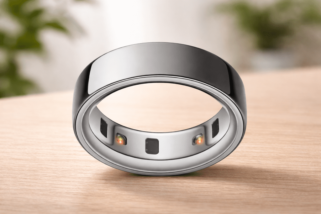 Sleek smart ring on wooden surface