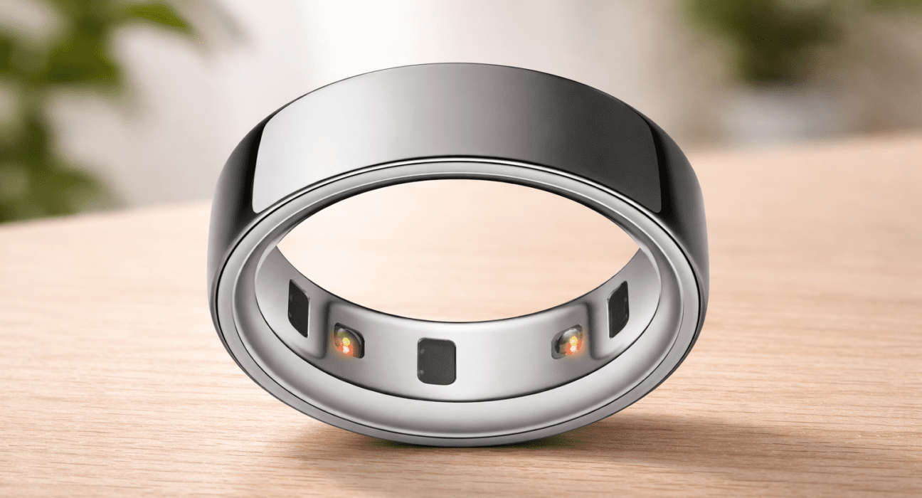 Sleek smart ring on wooden surface