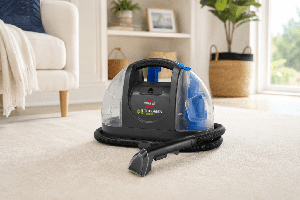 Bissell Little Green Portable Carpet Cleaner placed on a light carpet in a bright modern living room with natural sunlight and home décor