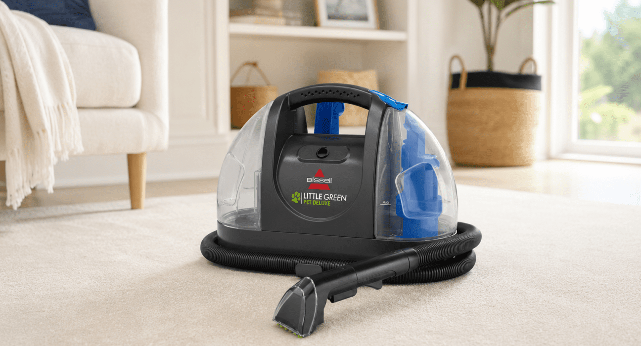 Bissell Little Green Portable Carpet Cleaner placed on a light carpet in a bright modern living room with natural sunlight and home décor