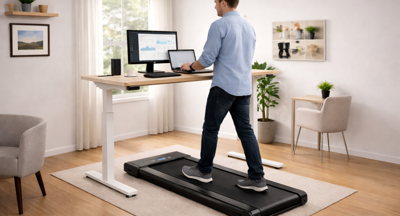 A mam working on the treadmill desk in office