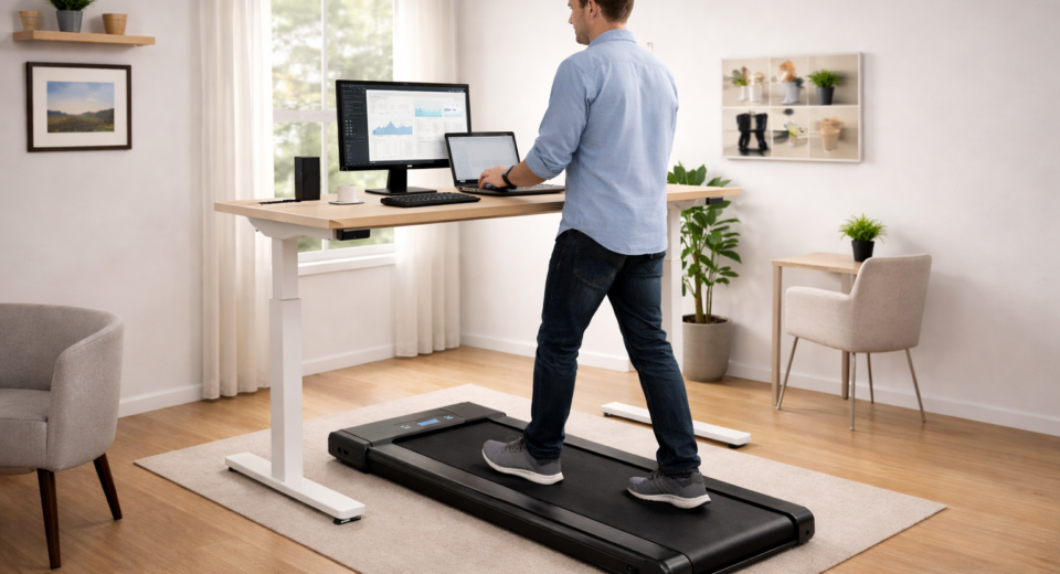 A mam working on the treadmill desk in office