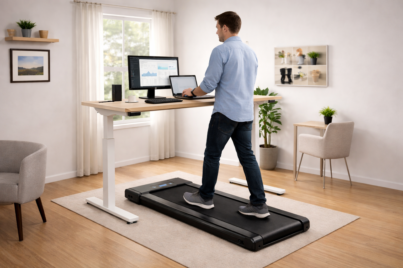 A mam working on the treadmill desk in office