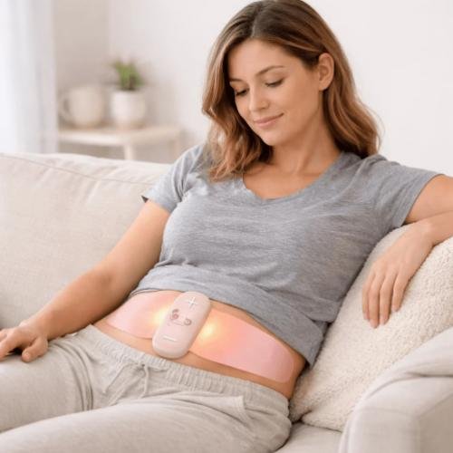 Woman wearing iStim TENS period cramp device at home for drug-free menstrual pain relief