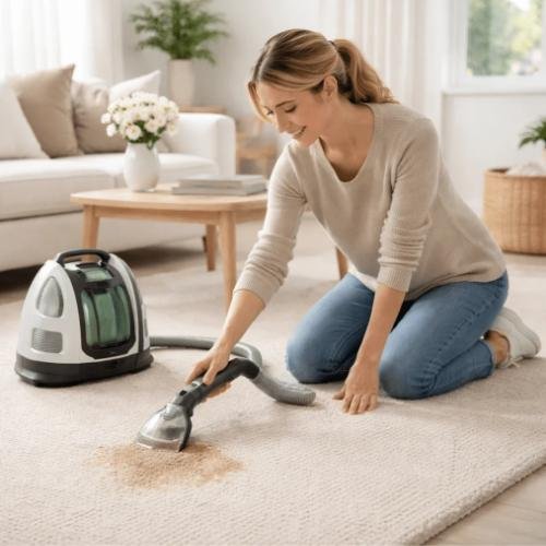 person cleaning carpet with portable carpet cleaner at home