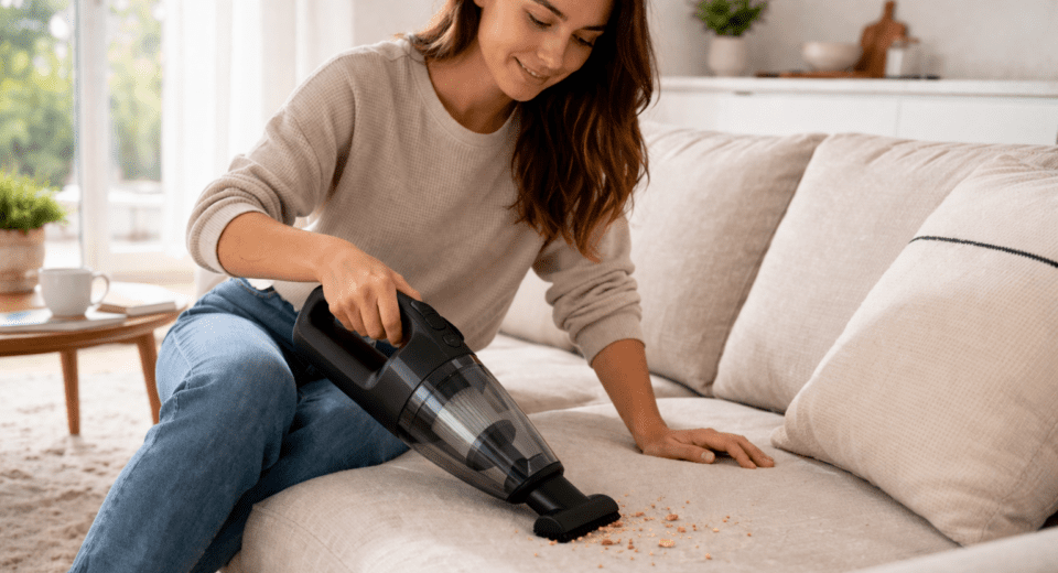 woman using cordless vacuum cleaner on sofa