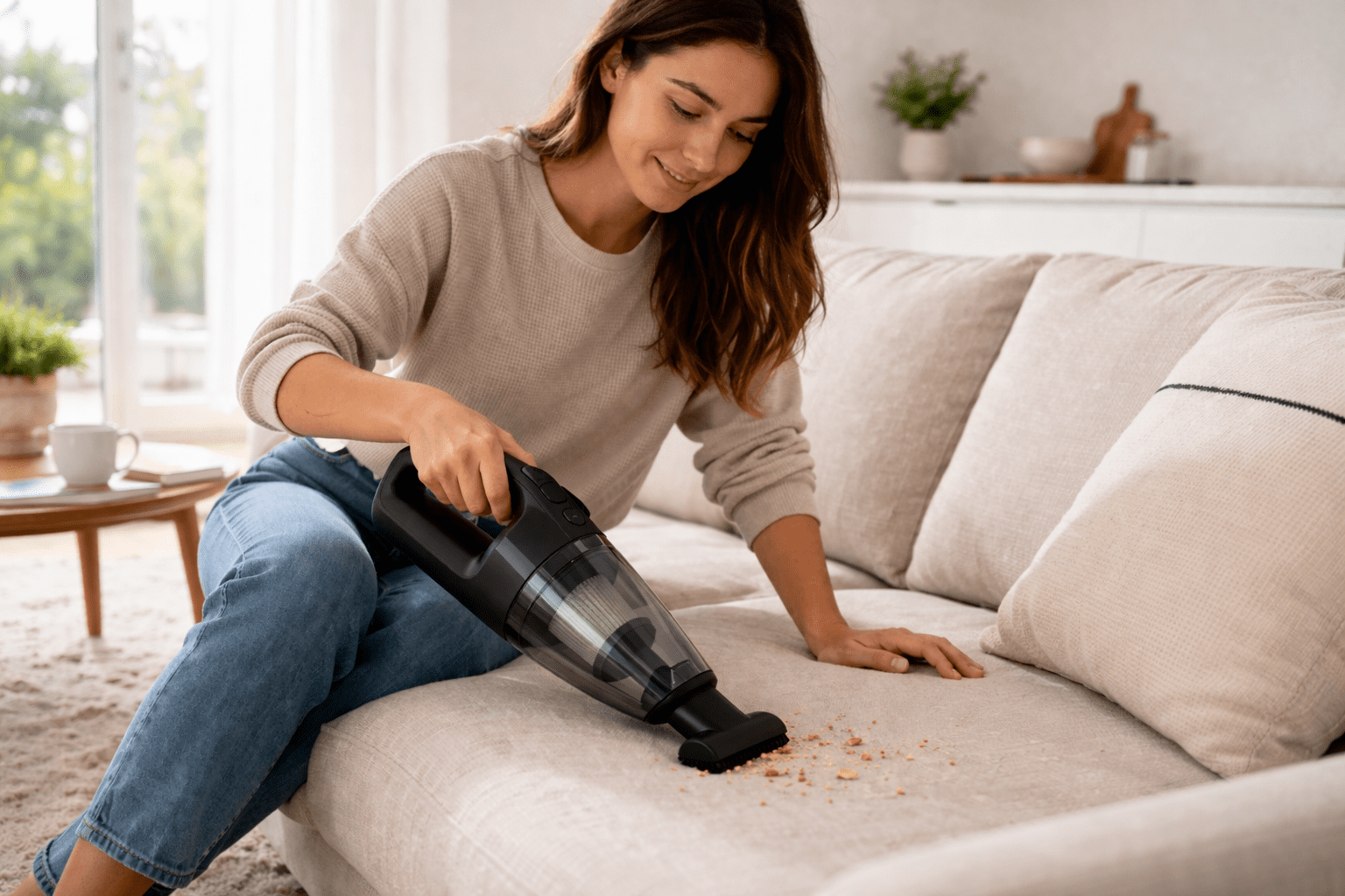 woman using cordless vacuum cleaner on sofa