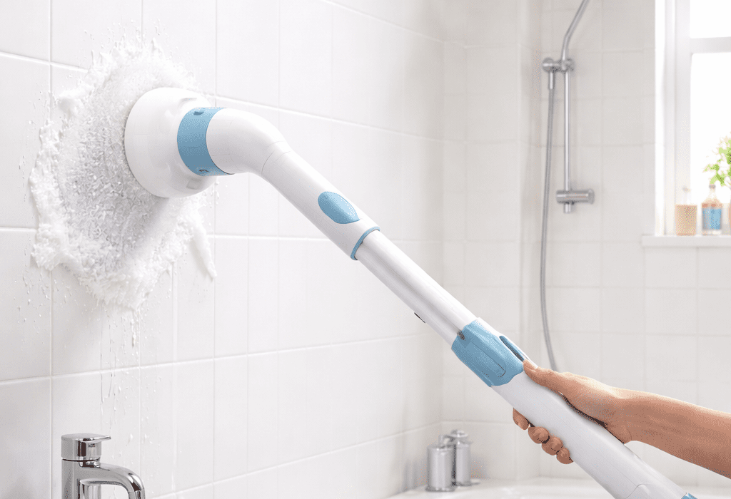 Cordless electric spin scrubber cleaning bathroom tiles and grout for easy bathroom cleaning