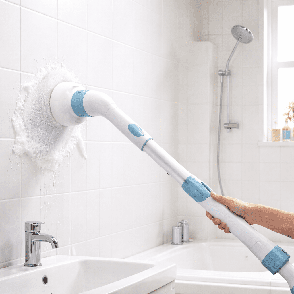 Cordless electric spin scrubber cleaning bathroom tiles and grout for easy bathroom cleaning
