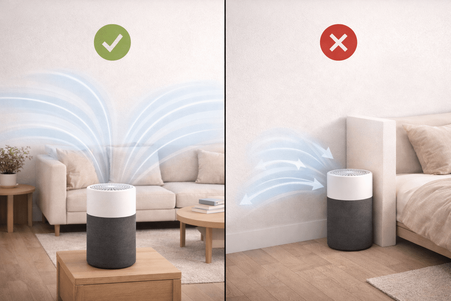 Air purifier placement guide showing correct positioning