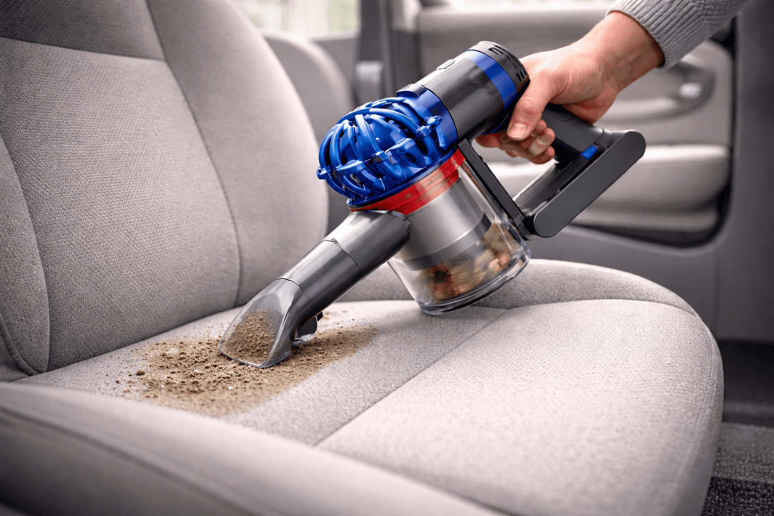 Dyson V7 handheld vacuum cleaning car interior seat