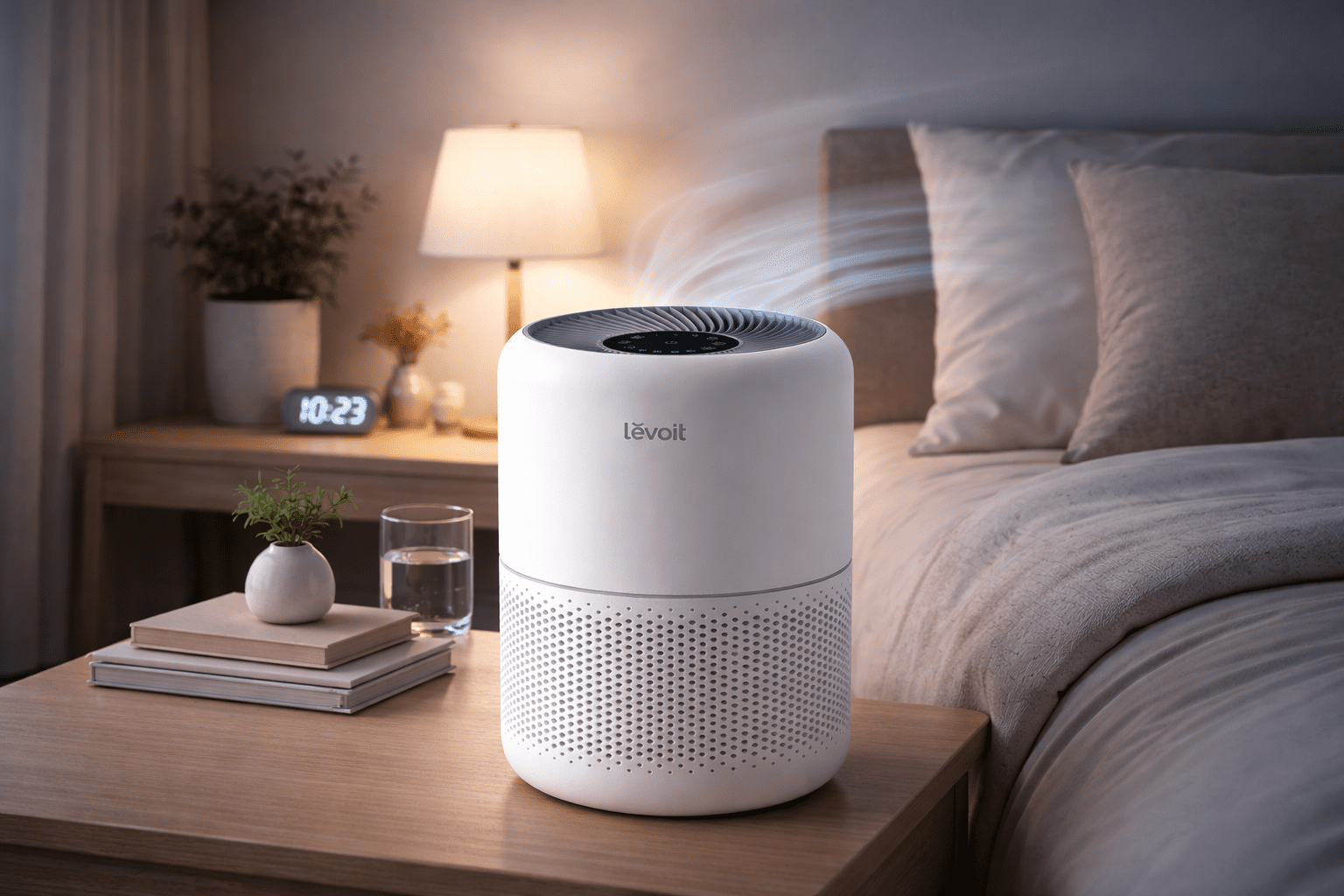 Levoit Core 300 air purifier running in bedroom