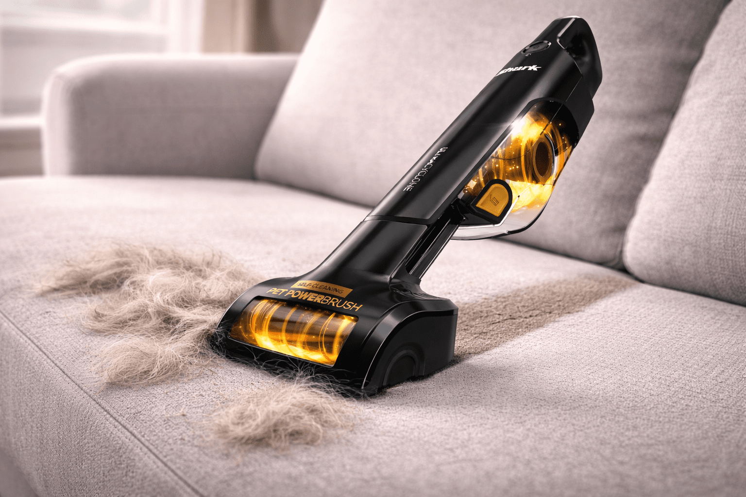 Shark UltraCyclone handheld vacuum removing pet hair from sofa