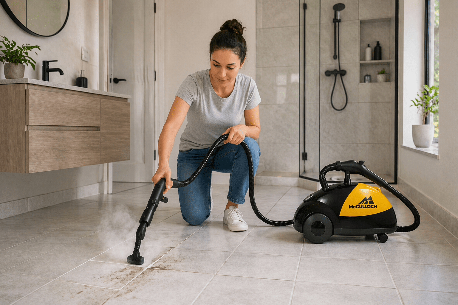 Steam cleaner cleaning tile grout with visible steam