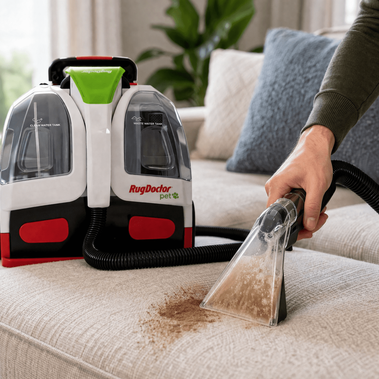 Rug Doctor portable cleaner removing stain from carpet Rug Doctor portable spot cleaner removing stain from upholstery fabric