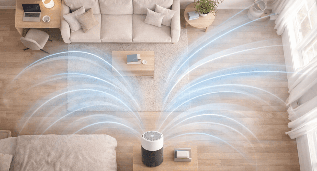 Air purifier coverage illustration for room size