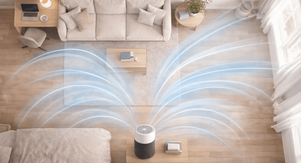 Air purifier coverage illustration for room size