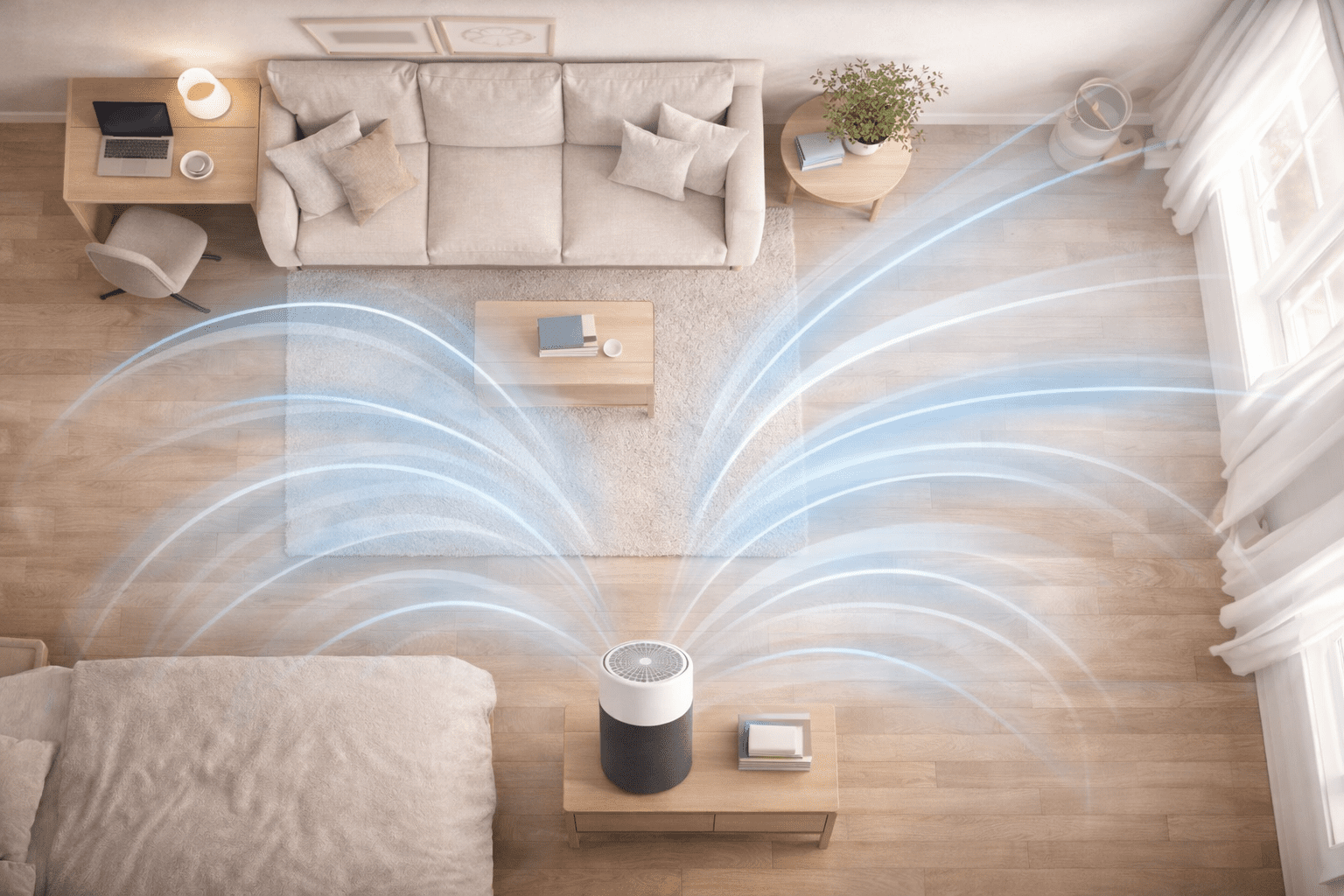 Air purifier coverage illustration for room size