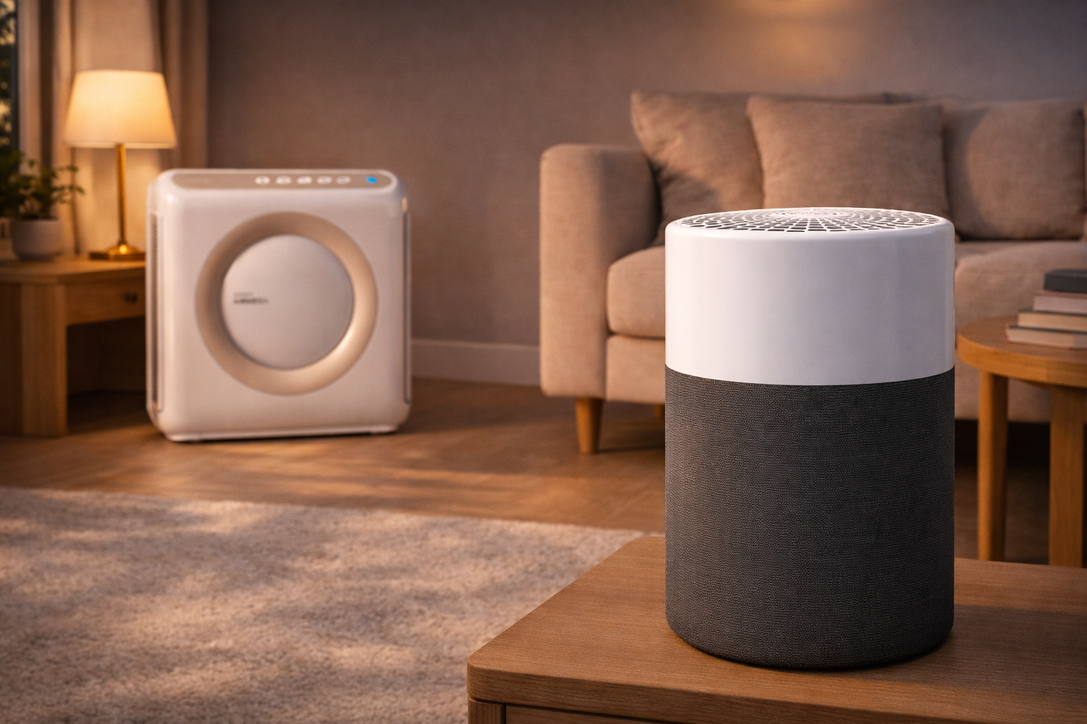 Coway and Blueair air purifier in different room sizes