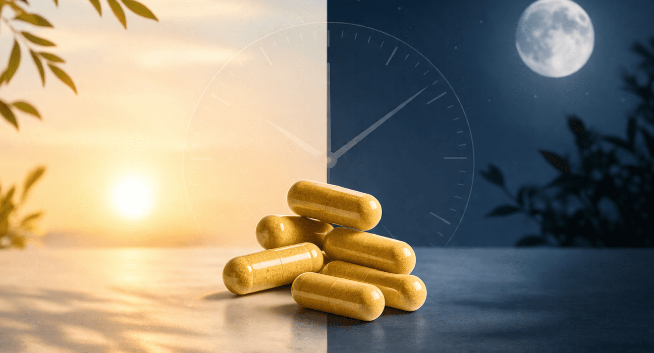 Berberine capsules with split morning sunlight and night moon background showing best time to take berberine