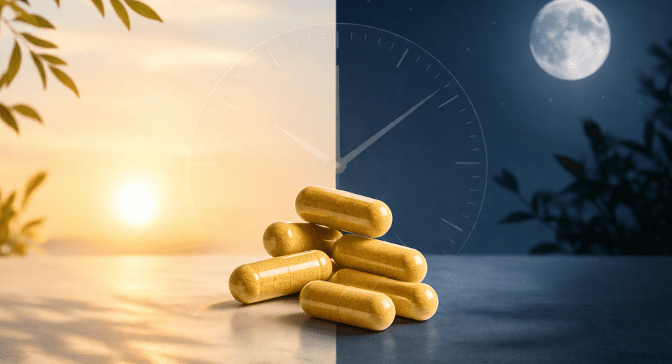Berberine capsules with split morning sunlight and night moon background showing best time to take berberine