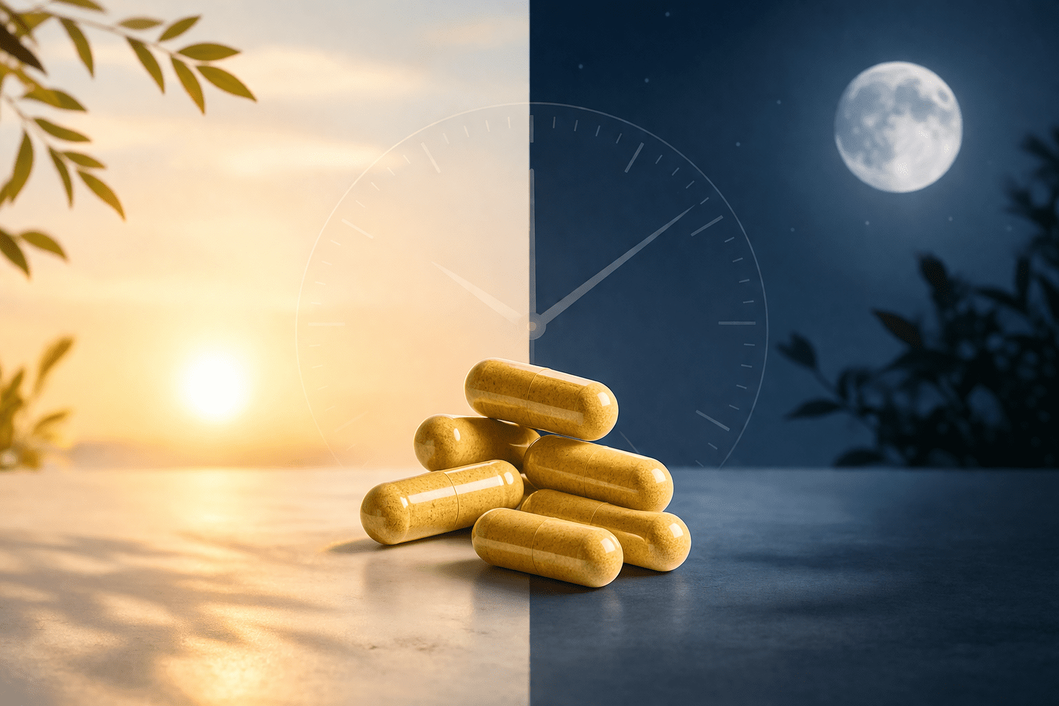 Berberine capsules with split morning sunlight and night moon background showing best time to take berberine