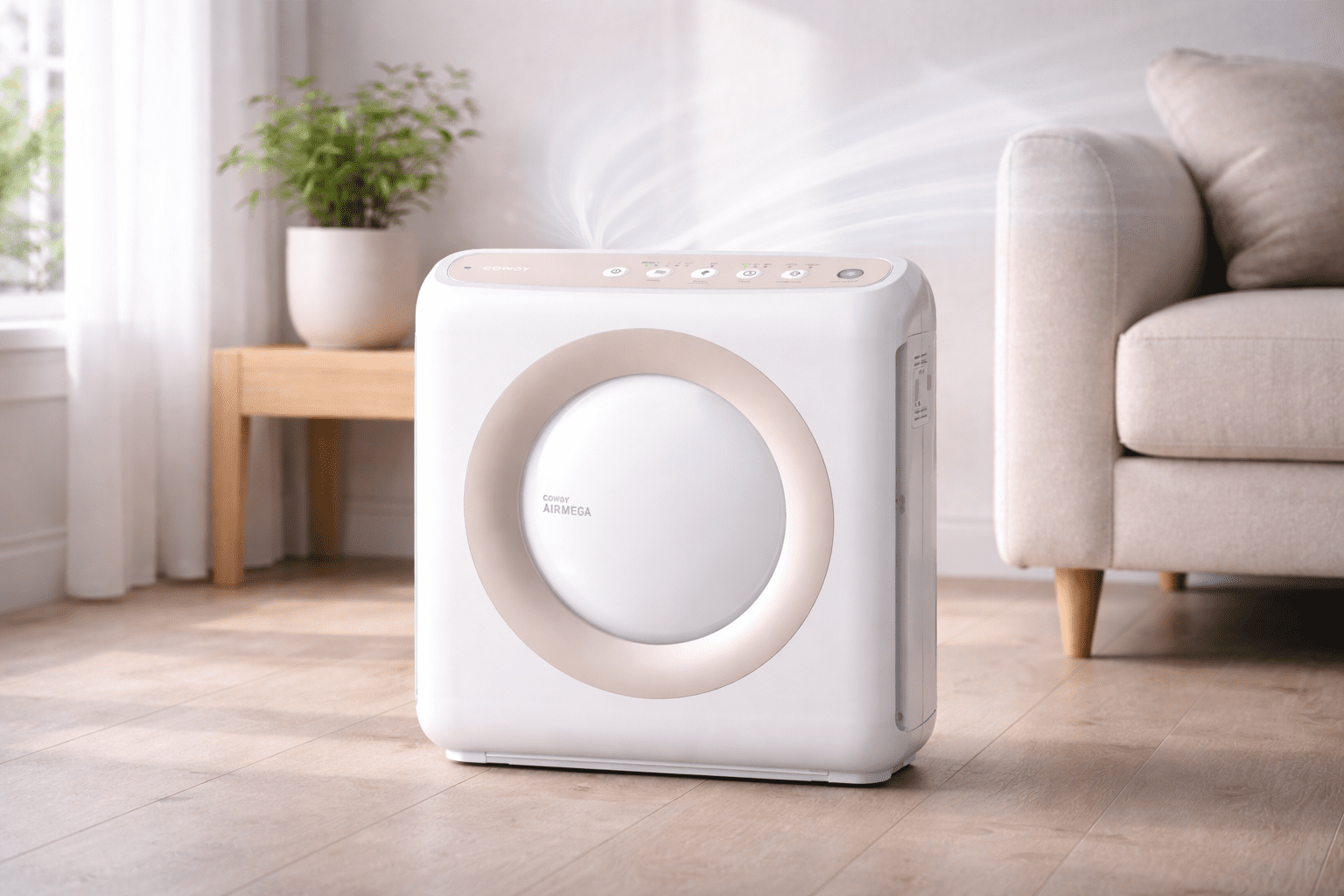 Coway Airmega air purifier running in living room
