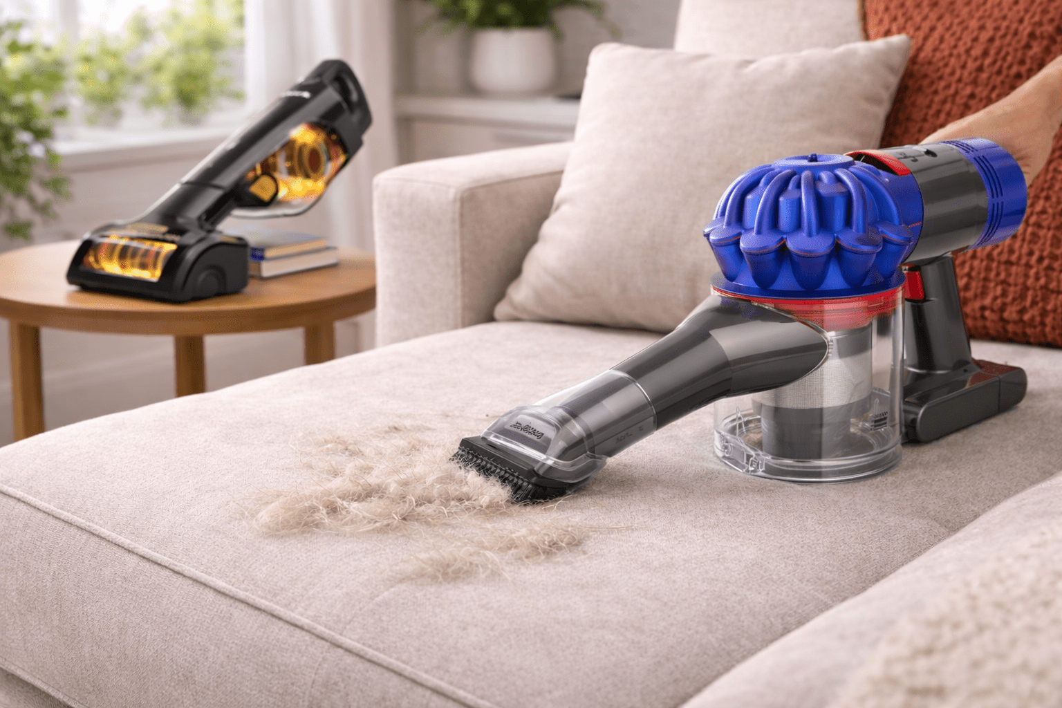 Dyson V7 in use with Shark UltraCyclone nearby