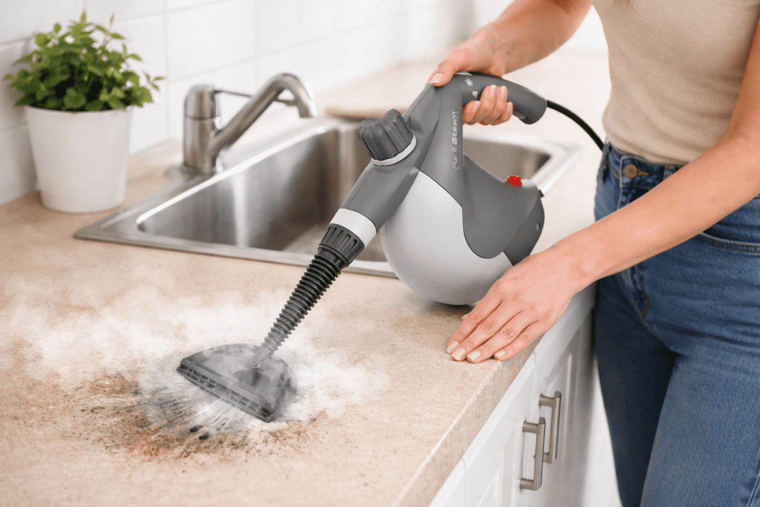 PurSteam handheld steam cleaner cleaning kitchen surface