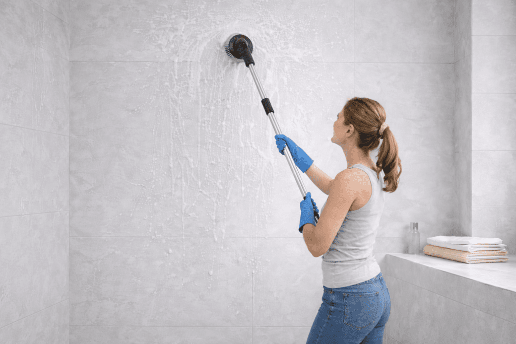 Leebein electric spin scrubber with extended handle in bathroom