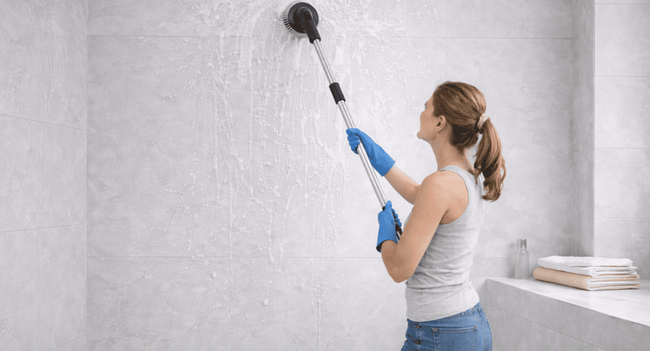 Leebein electric spin scrubber with extended handle in bathroom