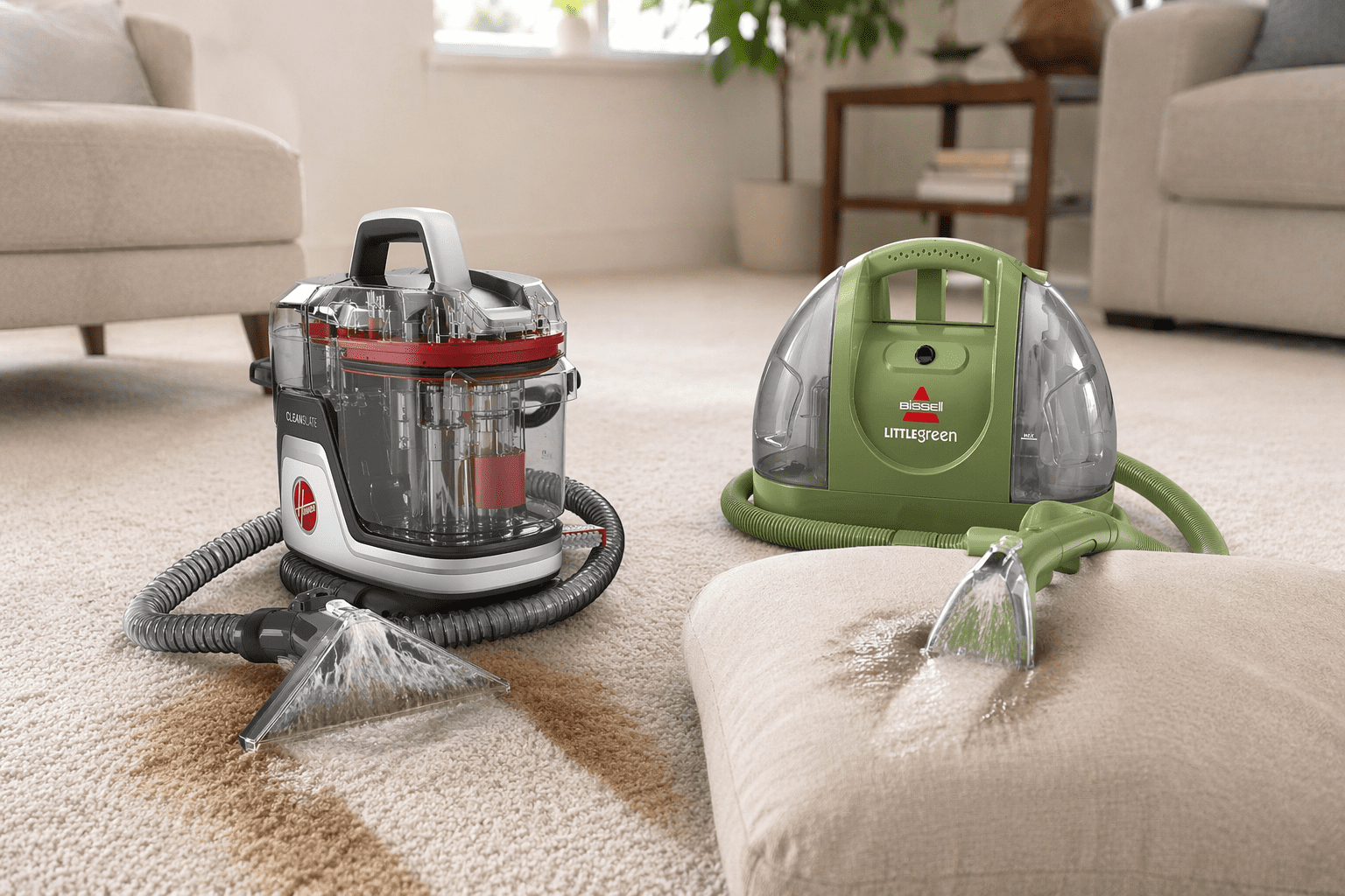 Hoover CleanSlate and Bissell Little Green cleaning carpet and upholstery
