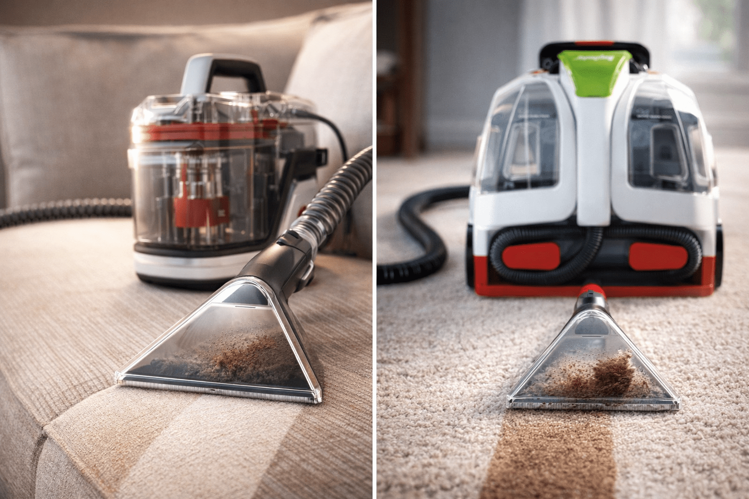 Hoover CleanSlate and Rug Doctor cleaning upholstery and carpet