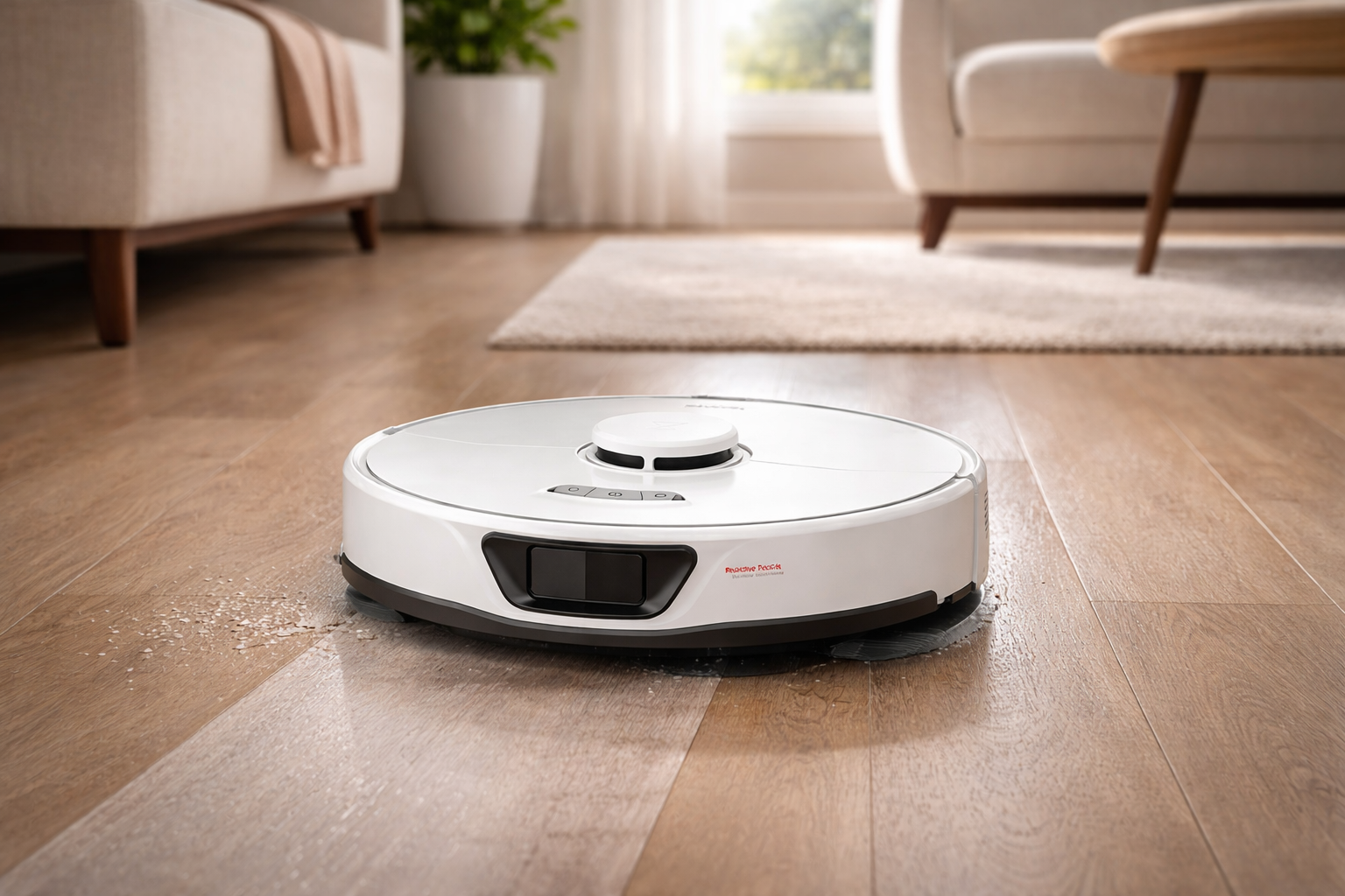 Roborock S7 robot vacuum mopping hardwood floor in living room