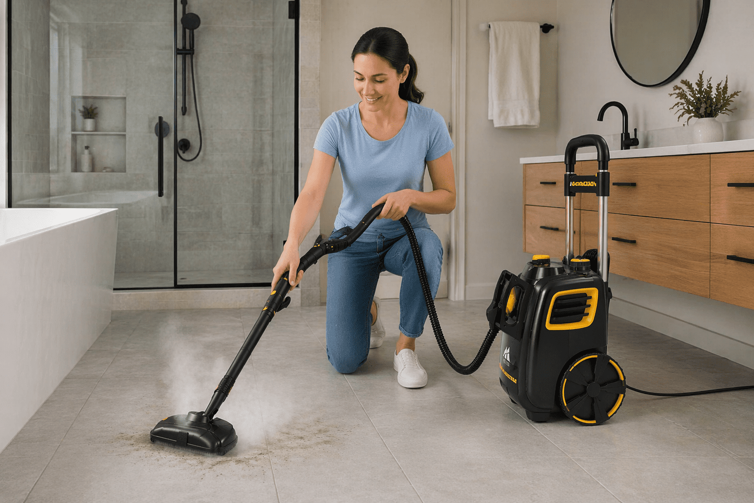 McCulloch MC1385 steam cleaner cleaning tile grout with visible steam