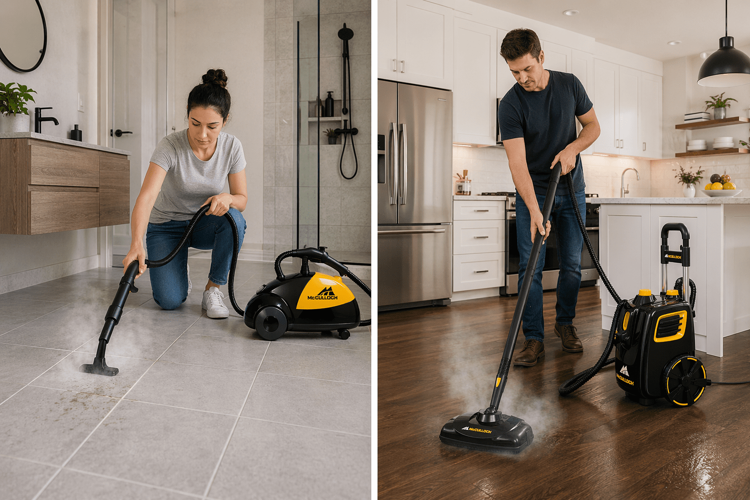 Steam cleaner comparison showing MC1275 and MC1385 in use