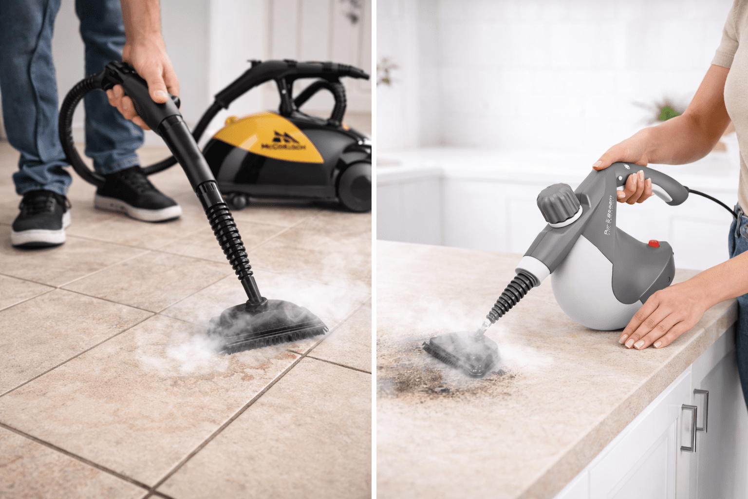 Steam cleaner comparison showing MC1275 and PurSteam in use
