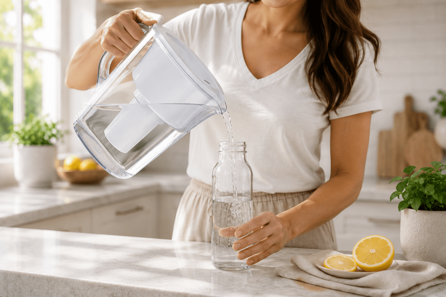 Person pouring filtered water from a kitchen pitcher into a reusable bottle