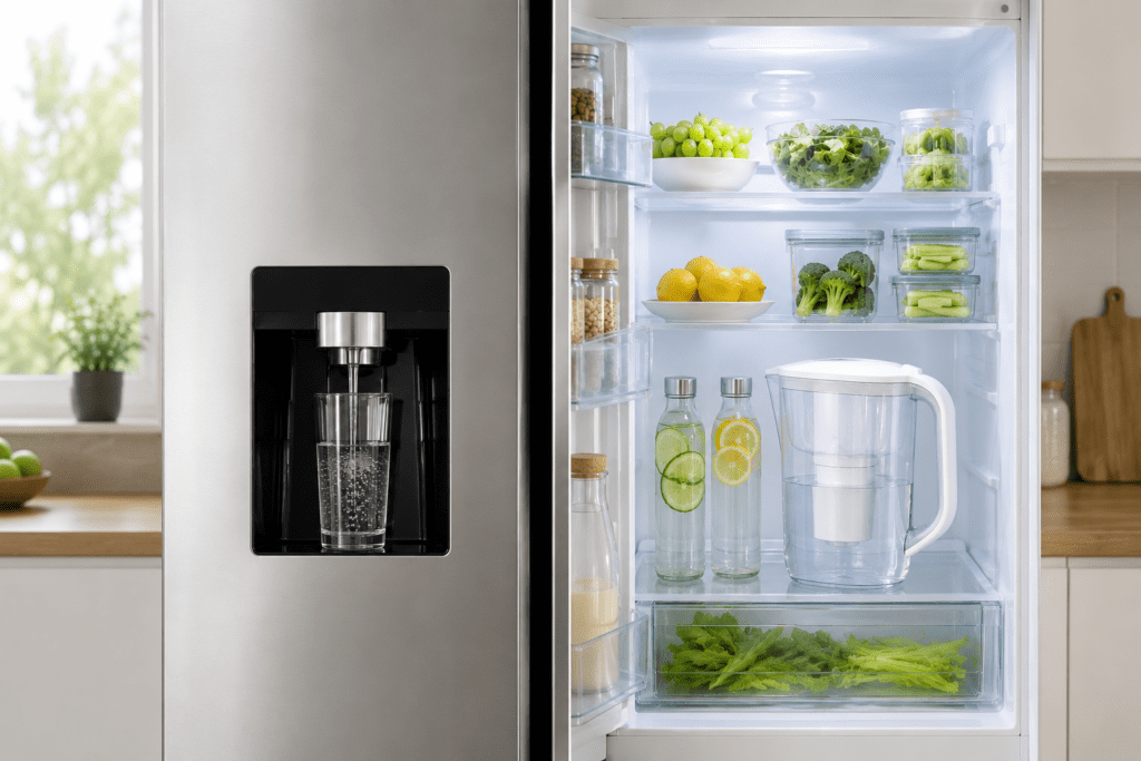 Refrigerator water dispenser compared beside a compact water filter pitcher