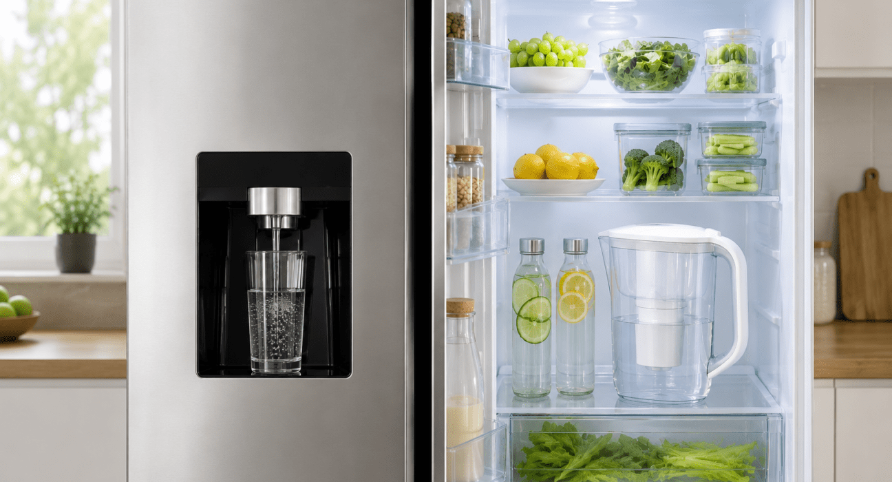 Refrigerator water dispenser compared beside a compact water filter pitcher