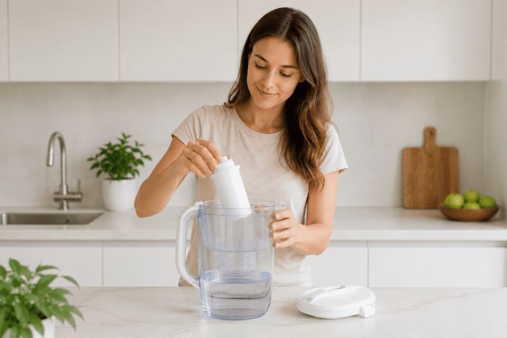 Person replacing a water filter inside a water filter pitcher