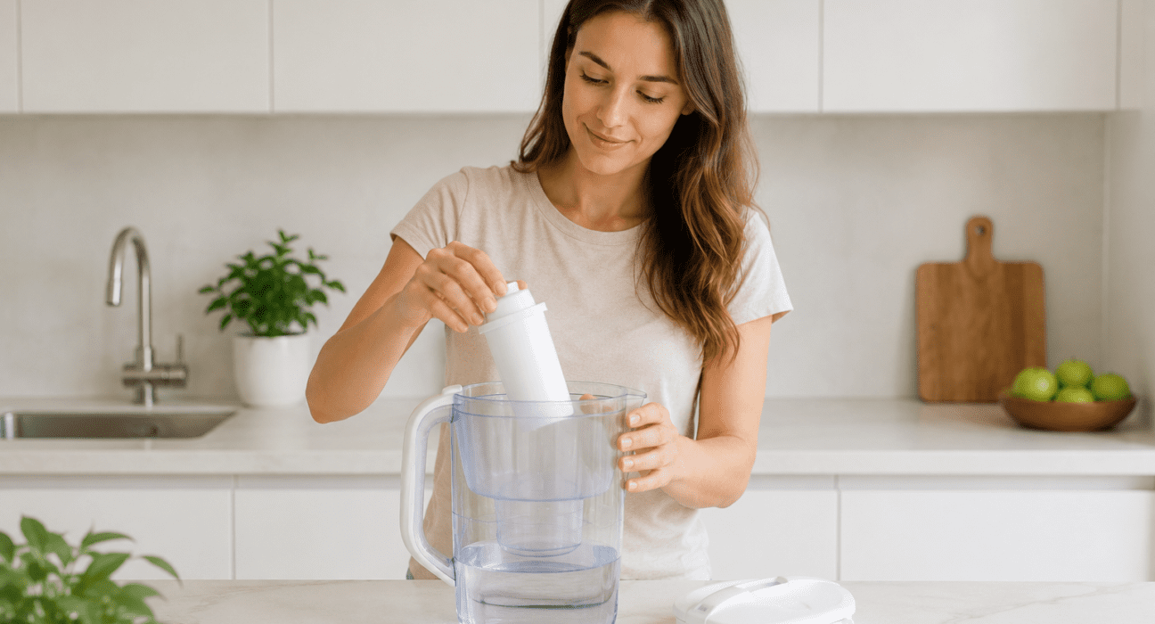 Person replacing a water filter inside a water filter pitcher