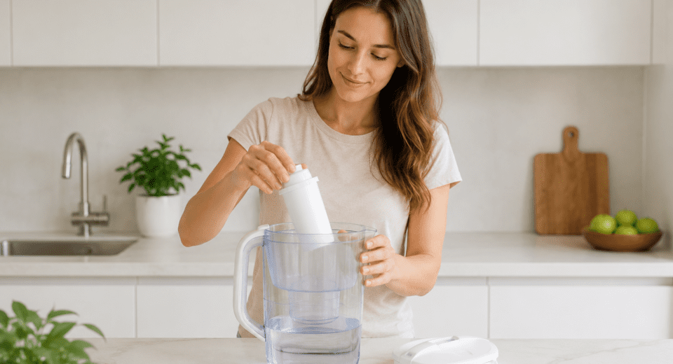 Person replacing a water filter inside a water filter pitcher