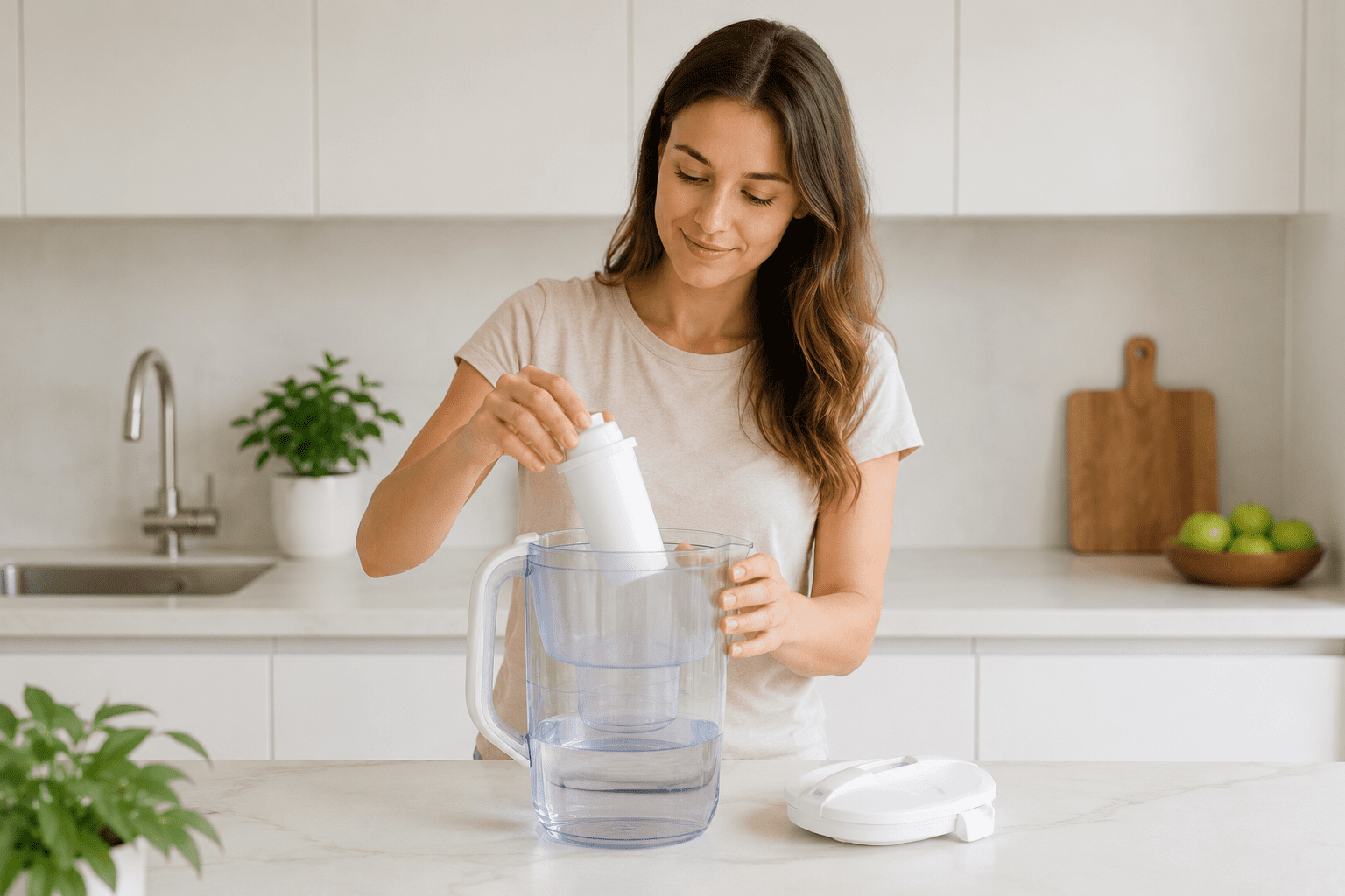 Person replacing a water filter inside a water filter pitcher