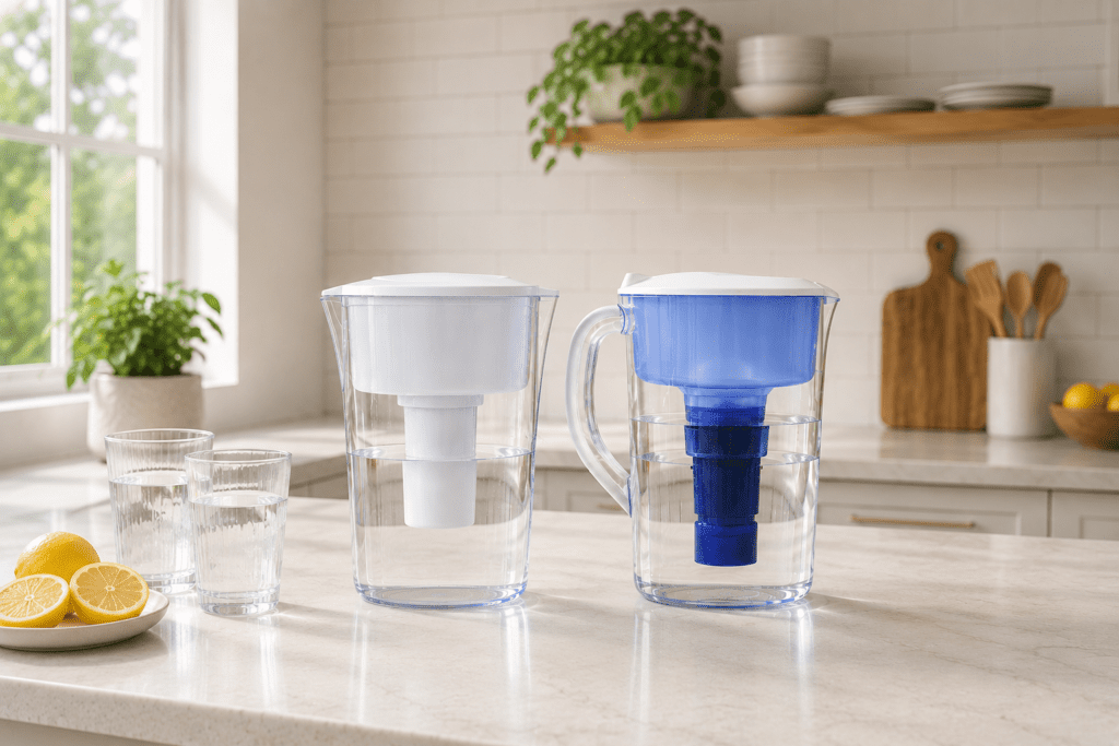 Modern water filter pitchers displayed on a bright kitchen counter
