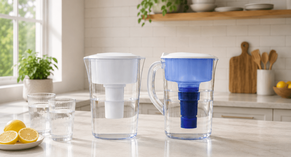Modern water filter pitchers displayed on a bright kitchen counter
