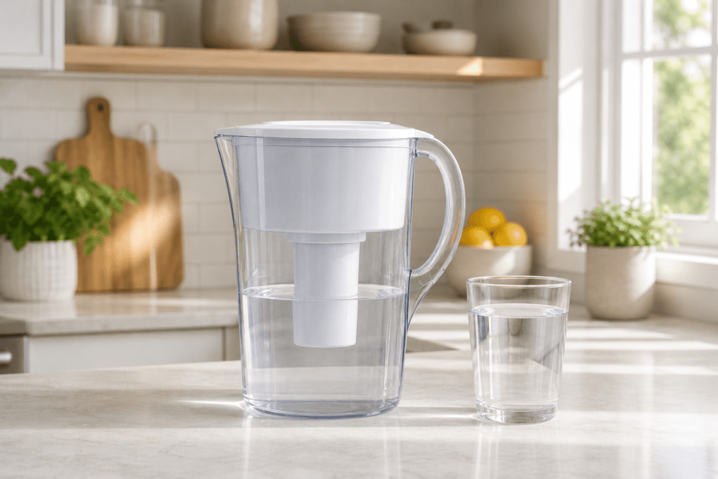 Brita Standard water filter pitcher placed on a clean modern kitchen counter beside a reusable drinking glass filled with filtered water in bright natural morning light.