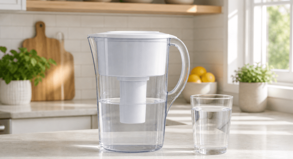 Brita Standard water filter pitcher placed on a clean modern kitchen counter beside a reusable drinking glass filled with filtered water in bright natural morning light.