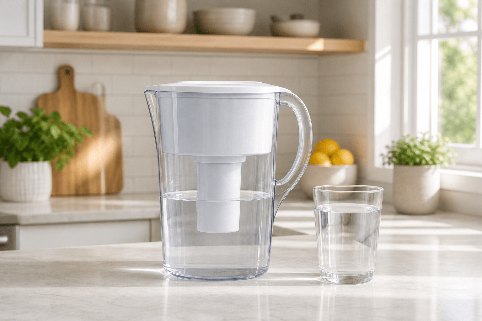 Brita Standard water filter pitcher placed on a clean modern kitchen counter beside a reusable drinking glass filled with filtered water in bright natural morning light.