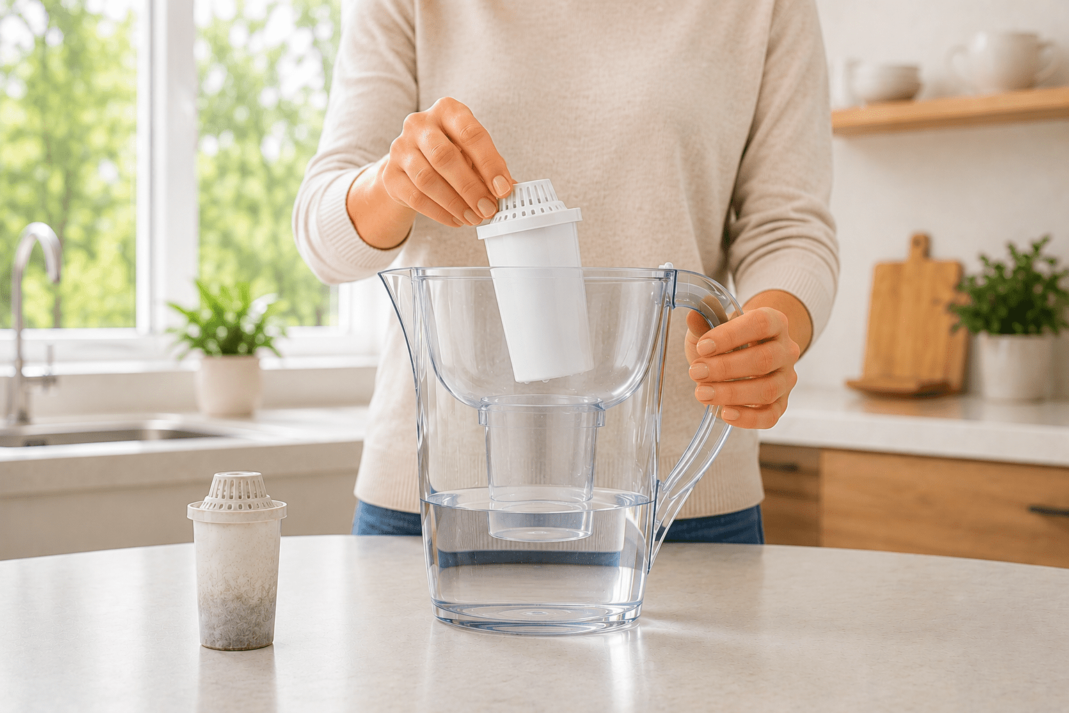 Person replacing old filter inside water filter pitcher